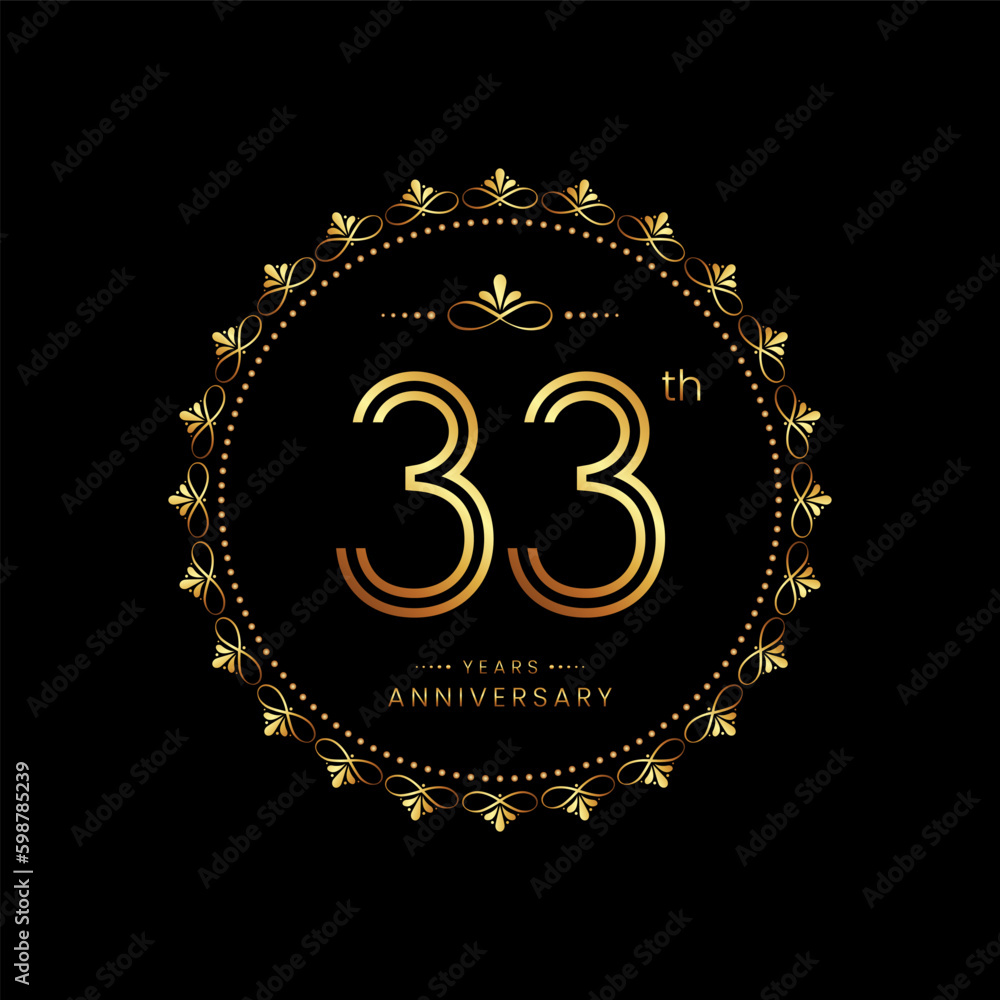 Fototapeta premium 33th anniversary logo with golden number for celebration event, invitation, wedding, greeting card, banner, poster, flyer. Ornament vector design