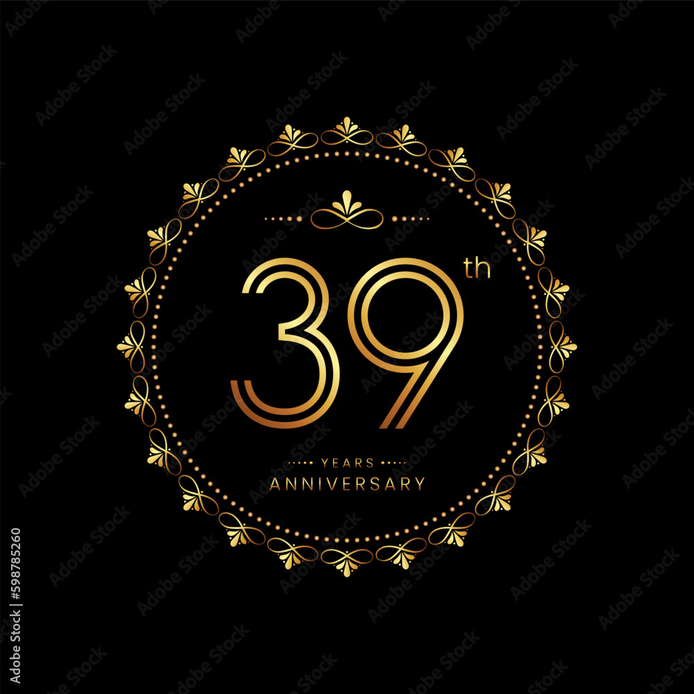 39th anniversary logo with golden number for celebration event, invitation, wedding, greeting card, banner, poster, flyer. Ornament vector design 39th anniversary logo with golden number for celebration event, invitation, wedding, greeting card, banner, poster, flyer. Ornament vector design