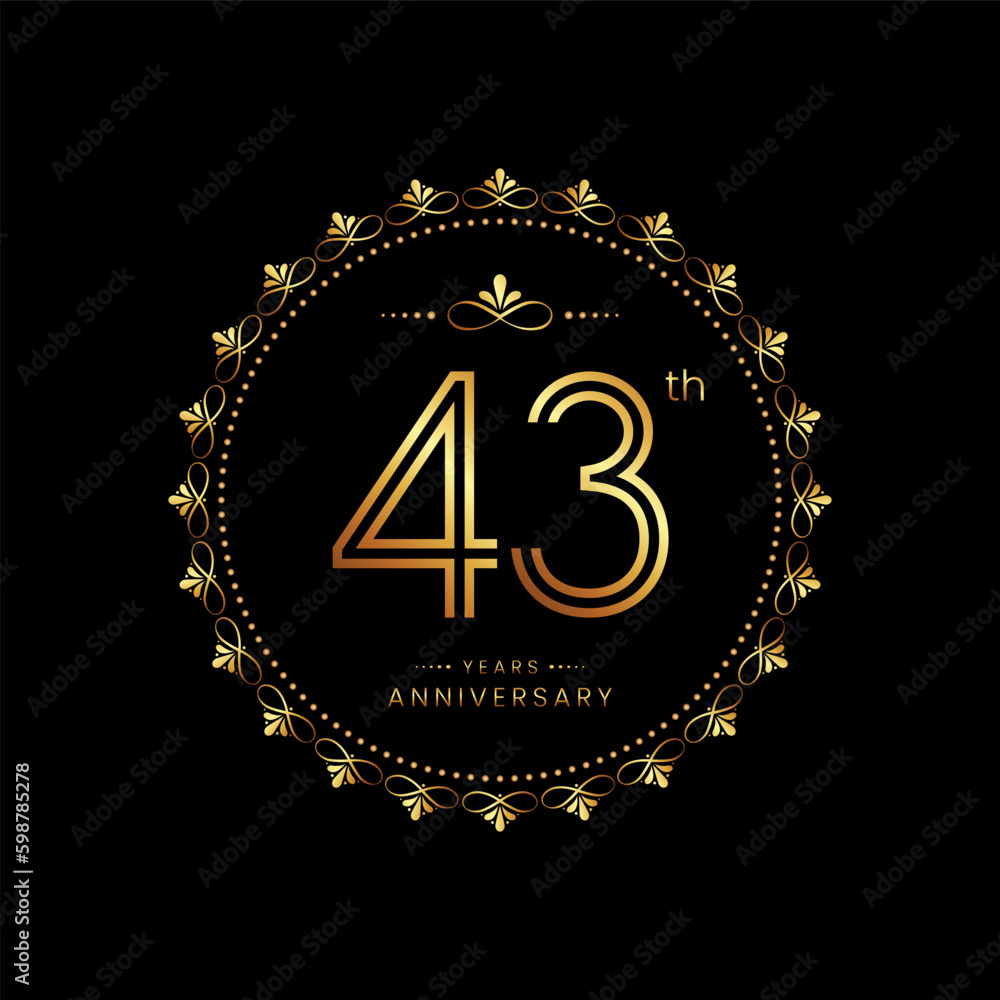 Fototapeta premium 43th anniversary logo with golden number for celebration event, invitation, wedding, greeting card, banner, poster, flyer. Ornament vector design