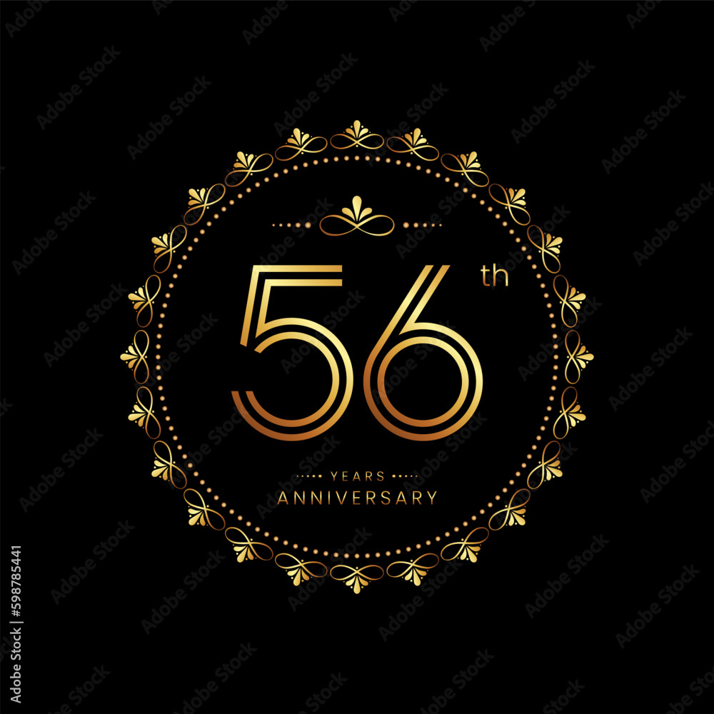 Naklejka premium 56th anniversary logo with golden number for celebration event, invitation, wedding, greeting card, banner, poster, flyer. Ornament vector design