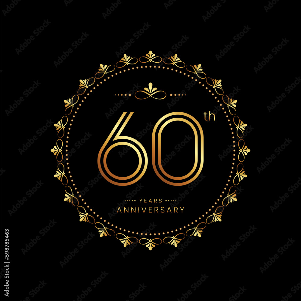 60th anniversary logo with golden number for celebration event, invitation, wedding, greeting card, banner, poster, flyer. Ornament vector design 60th anniversary logo with golden number for celebration event, invitation, wedding, greeting card, banner, poster, flyer. Ornament vector design