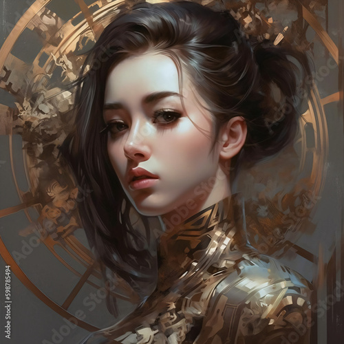 A painting of a woman in a gold Qipao dress Generative Ai