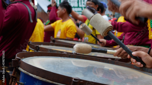 Tagbilaran, Bohol, Philippines, 04.30.2023 Festival Saulog street dancing competition, parade, drums, blurred background