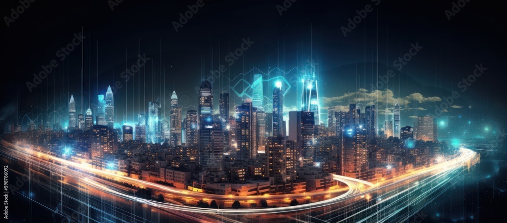 Modern cityscape with high tech buildings and high-speed light trails, Generative AI illustration.