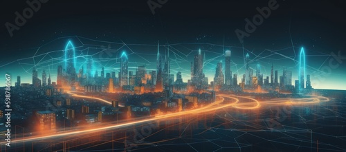 Futuristic city with glowing lines and icons. Generative AI illustration.