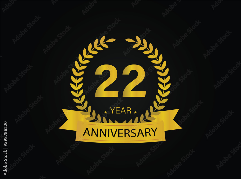 Fototapeta premium 22th years golden anniversary logo celebration with ring and ribbon.