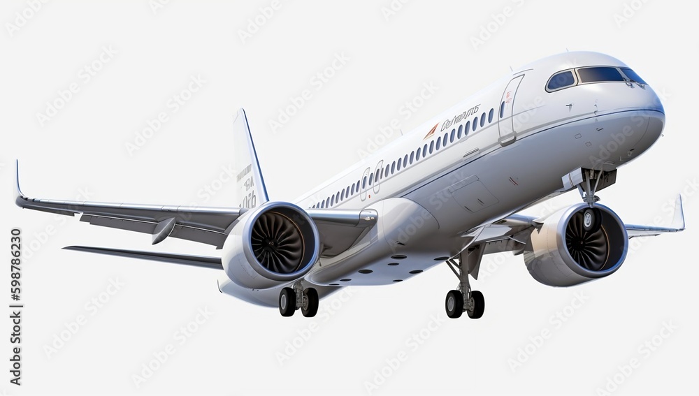 White airplane with prominent jet engine on white background White airplane with prominent jet engine on white background