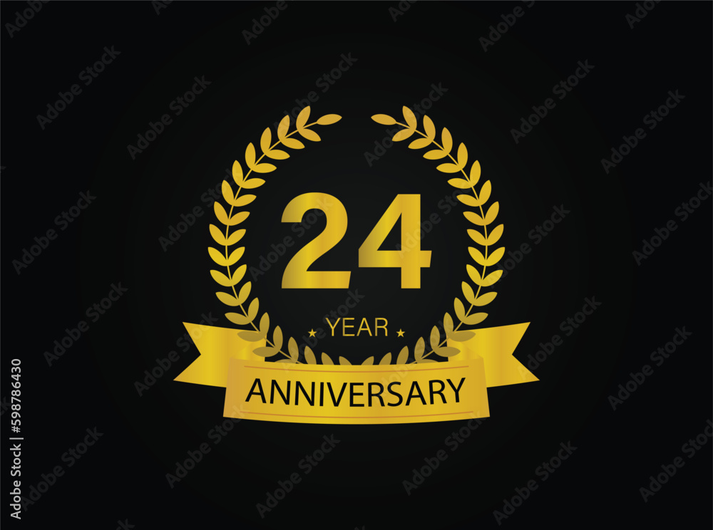 24th years golden anniversary logo celebration with ring and ribbon.