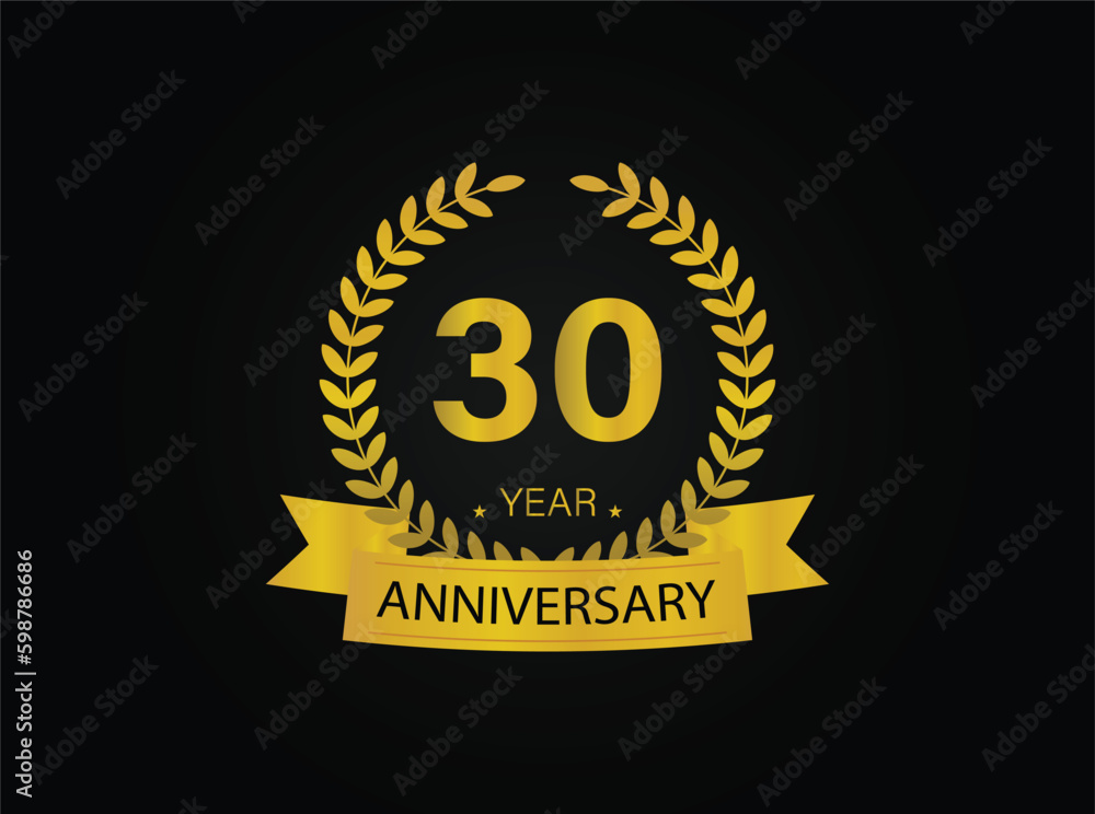 Fototapeta premium 30th years golden anniversary logo celebration with ring and ribbon.
