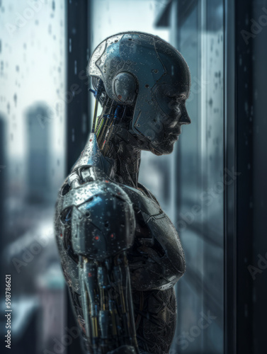 Artificial intelligence  robot stands in front of the window and looks at the world thoughtfully.