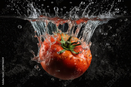 Tomatoes falling into water. Tomatoes splashing into the water. Water splash tomato.