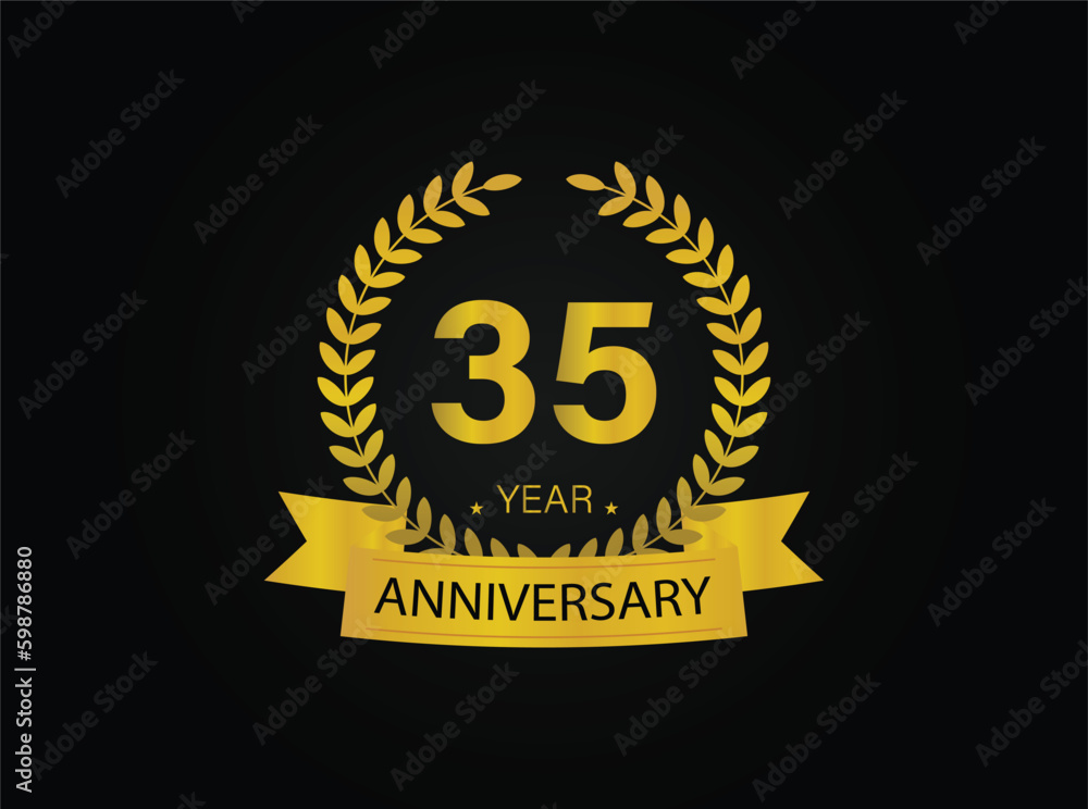 Fototapeta premium 35th golden anniversary logo. with ring and ribbon. vector illustrator.