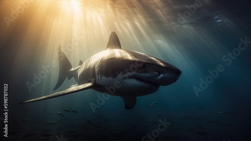 Shark in Ocean with Sun Rays and Realistic Details Created with Generative AI © GraphicsRF