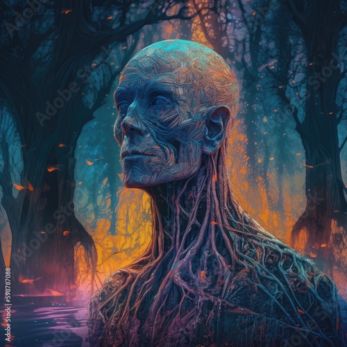 Surreal AI art portrays a transcendent figure, enveloped in vivid psychedelic hues, evoking a mystical, dreamlike dimension.