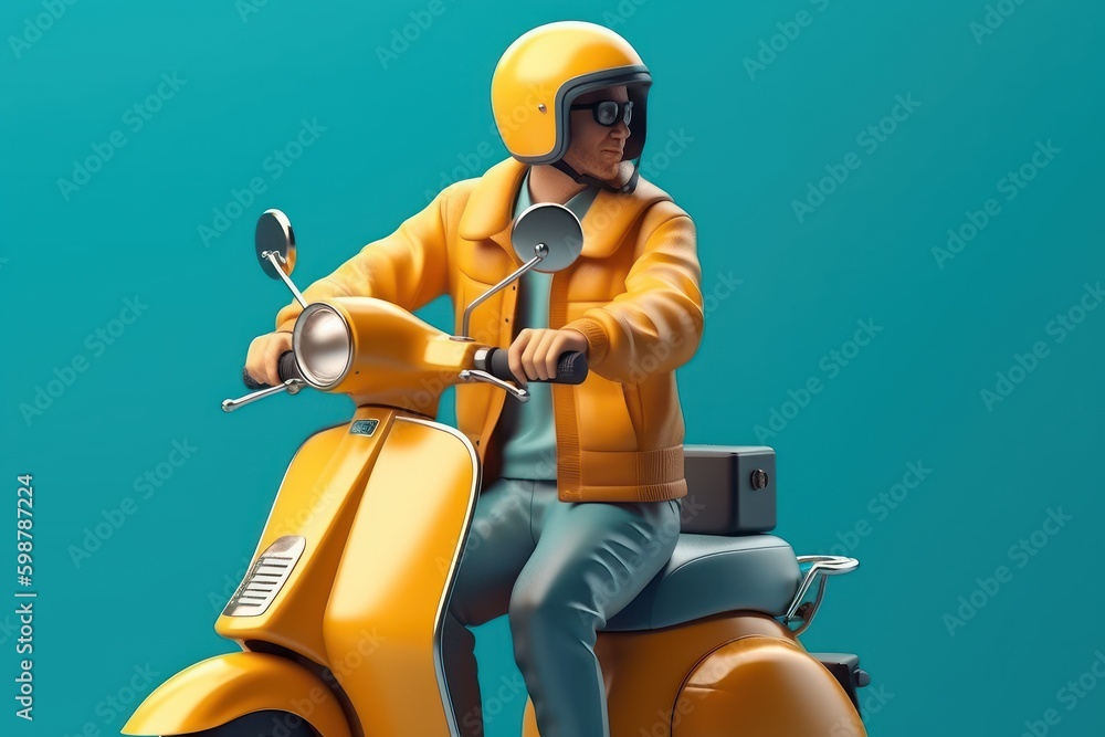 Delivery man ride scooter motorcycle for online delivery service on blue background. Generative AI Delivery man ride scooter motorcycle for online delivery service on blue background. Generative AI