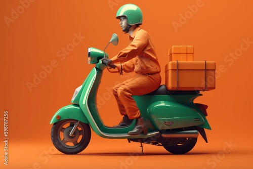 Delivery man ride scooter motorcycle for online delivery service on orange background. Generative AI