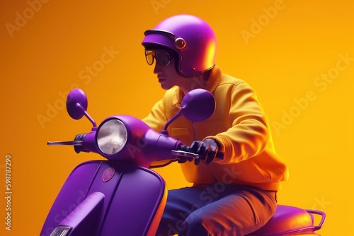 Delivery man ride scooter motorcycle for online delivery service on yellow background. Generative AI © CYBERUSS