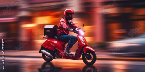 Delivery man ride scooter motorcycle with motion blur cityscape background. Generative AI © CYBERUSS