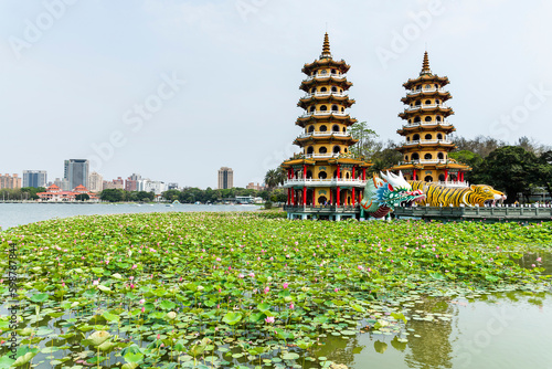 View of the lotus in bloom at the Dragon and Tiger Pagoda in Lotus Pond, Kaohsiung, Taiwan. photo