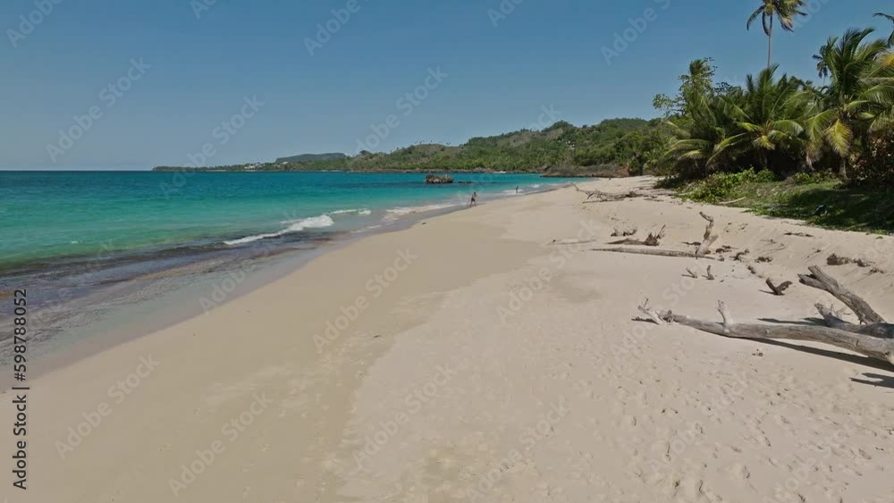 Playa Rincon whit white sand and turquoise sea, Las Galeras in Dominican Republic. Aerial forward low-altitude and space for copy Playa Rincon whit white sand and turquoise sea, Las Galeras in Dominican Republic. Aerial forward low-altitude and space for copy