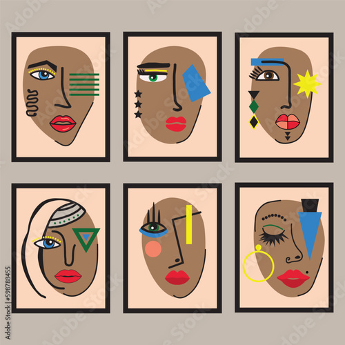 Modern assorted women and ladies different tanned abstract faces in black rectangle wall art frames set on sandy background
