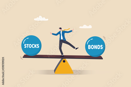 Stocks vs bonds in investment asset allocation, risk assessment portfolio or expected return in long term mutual funds, pension fund concept, businessman investor balance on stocks and bonds seesaw.