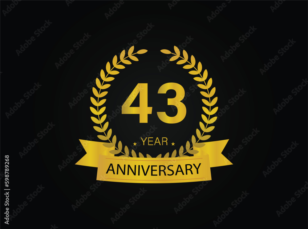 Naklejka premium 43th golden anniversary logo. with ring and ribbon. vector illustrator.