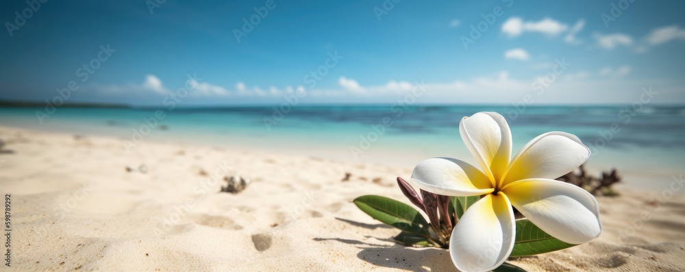 Plumeria (Frangipani) on tropical sea and beach blue sky background, Summer festive time. Generative AI Plumeria (Frangipani) on tropical sea and beach blue sky background, Summer festive time. Generative AI