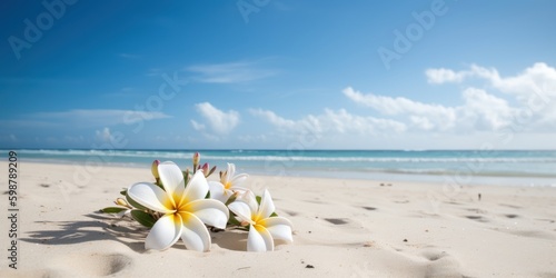 Plumeria (Frangipani) on tropical sea and beach blue sky background, Summer festive time. Generative AI © CYBERUSS
