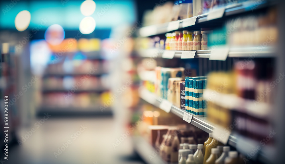 Blurred, bokeh background image of modern supermarket

