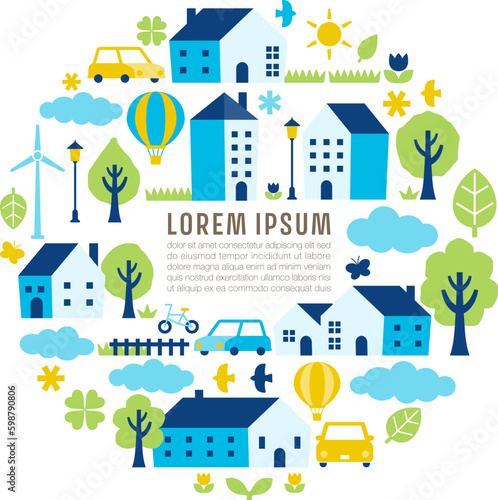Rural landscape illustration in a circular form with houses and trees