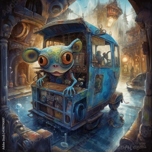 A bluish cartoon character, with a cheerful expression, attends a blue shopping mall cart in a whimsical fantasy land.