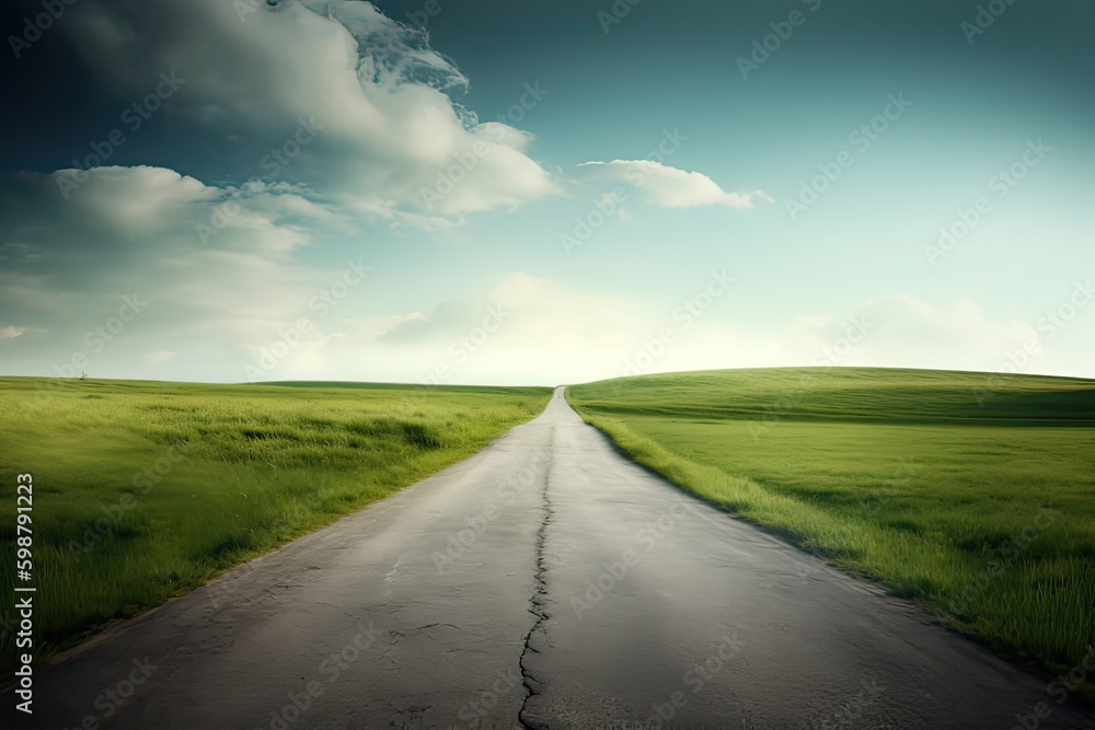 The landscape of grass fields and blue sky road leading off into the distance. Generative Ai. The landscape of grass fields and blue sky road leading off into the distance. Generative Ai.
