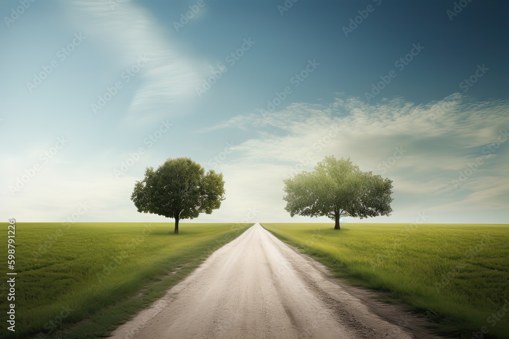 The landscape of grass fields and blue sky road leading off into the distance. Generative Ai. The landscape of grass fields and blue sky road leading off into the distance. Generative Ai.