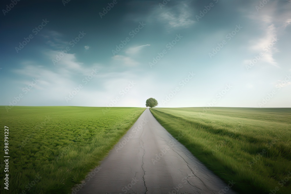 The landscape of grass fields and blue sky road leading off into the distance. Generative Ai. The landscape of grass fields and blue sky road leading off into the distance. Generative Ai.