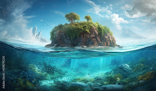 Tropical Island And Coral Reef - Split View With Waterline. Beautiful underwater view of lone small island above and below the water surface in turquoise waters of tropical ocean. Generative Ai. © Kowit
