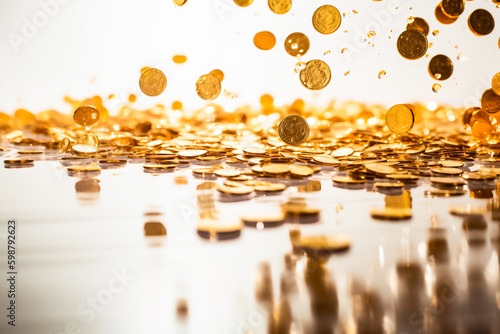 Golden coins rain down on a pristine white floor in a studio setting  reflecting light from powerful studio lights against a clean white background. Alternative AI.