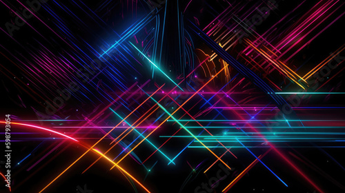 glowing neon lights background - a colorful abstract crisscross pattern of neon lights on a dark background  Generative AI