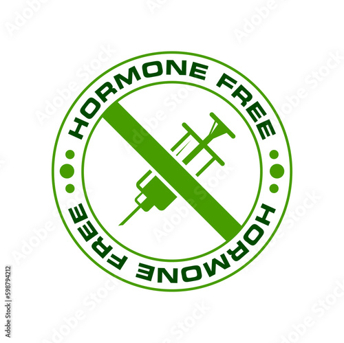 Hormone free icon, organic food without or non added steroids vector symbol. Hormone injection syringe in green prohibition sign for healthy nutrition product tag or label, organic farm or agriculture