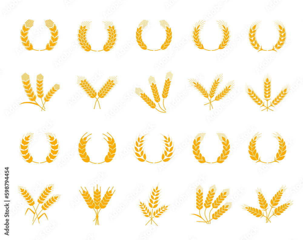 Spikes of wheat, rye and barley, laurel wreath with cereal ears, vector bakery icons. Bread products and baked food symbols of cereal ear spikes or wheat, rye or barley for organic muesli or pastry Spikes of wheat, rye and barley, laurel wreath with cereal ears, vector bakery icons. Bread products and baked food symbols of cereal ear spikes or wheat, rye or barley for organic muesli or pastry