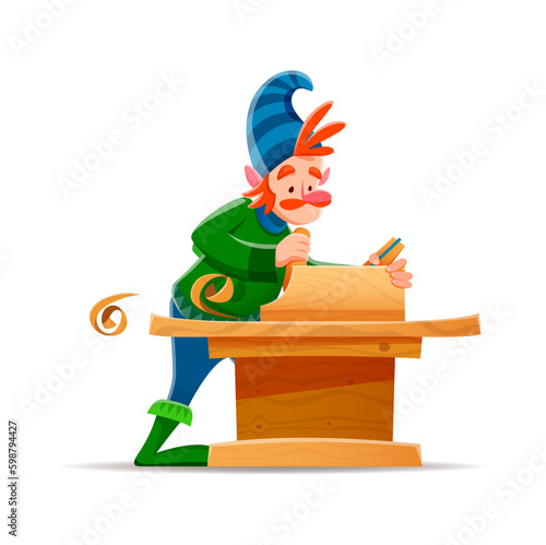 Cartoon gnome dwarf carpenter or jointer character, vector funny elf worker. Fairy tale village dwarf carpenter or fantasy town gnome woodworker character with plane and wood, kids cartoon toy