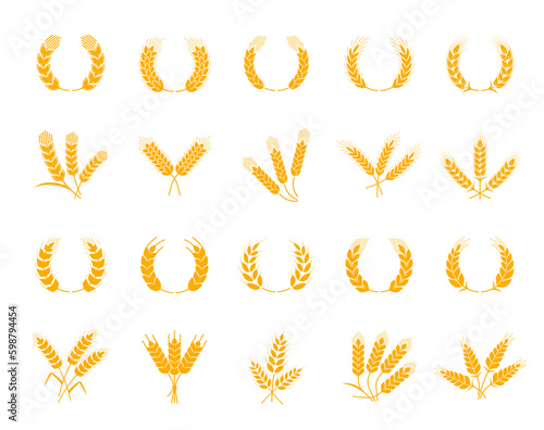 Spikes of wheat, rye and barley, laurel wreath with cereal ears, vector bakery icons. Bread products and baked food symbols of cereal ear spikes or wheat, rye or barley for organic muesli or pastry