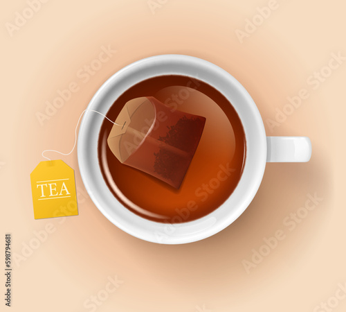 Isolated cup with tea bag. Top view white porcelain mug with hot drink. Cafe or restaurant, breakfast traditional herbal beverage realistic vector background with tea bag in cup