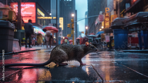 Urban rat exploring a bustling city alley at dusk. Generative AI. photo