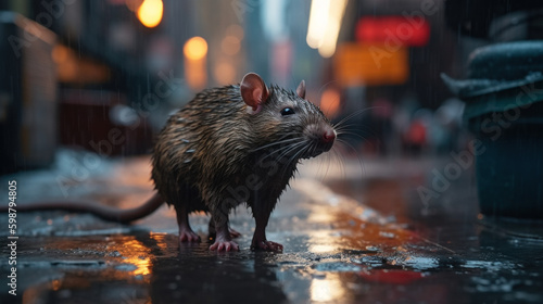 Dusk view of a rat navigating through a busy city alley. Generative AI. photo