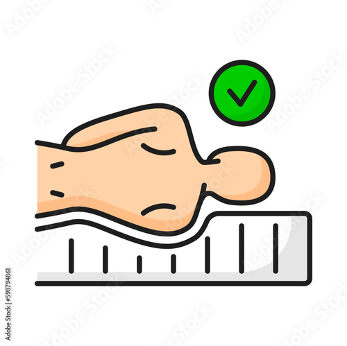 Mattress orthopedic bed with foam memory, correct sleeping position. Vector comfortable soft textile, approved, confirm, done mark