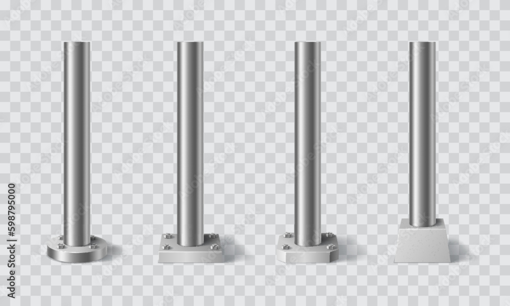 Steel metal pillars, poles and pipe columns or post stands, vector realistic 3D. Steel iron pillars or pole sign cylinders screwed by bolts to base, aluminium pipe columns and chrome signpost pillars Steel metal pillars, poles and pipe columns or post stands, vector realistic 3D. Steel iron pillars or pole sign cylinders screwed by bolts to base, aluminium pipe columns and chrome signpost pillars