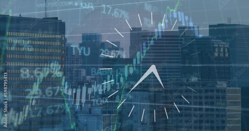 Animation of ticking clock and stock market data processing against tall building Animation of ticking clock and stock market data processing against tall building