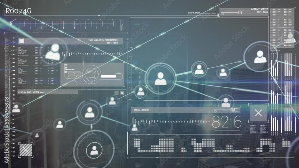 Animation of network of profile icons and interface with data processing against view of cityscape Animation of network of profile icons and interface with data processing against view of cityscape