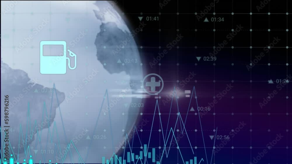 Animation of digital icons and data processing over spinning globe against blue gradient background Animation of digital icons and data processing over spinning globe against blue gradient background
